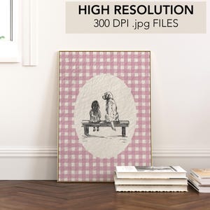 a cute vintage style print of a little girl sitting beside a golden retriever dog on a bench.  Hand drawn dog sketch on a textured paper with a pink gingham watercolor background.  Retro style. Cute and trendy girl nursery wall decor