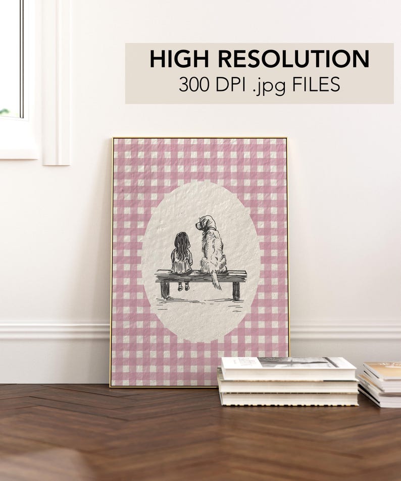 a cute vintage style print of a little girl sitting beside a golden retriever dog on a bench.  Hand drawn dog sketch on a textured paper with a pink gingham watercolor background.  Retro style. Cute and trendy girl nursery wall decor