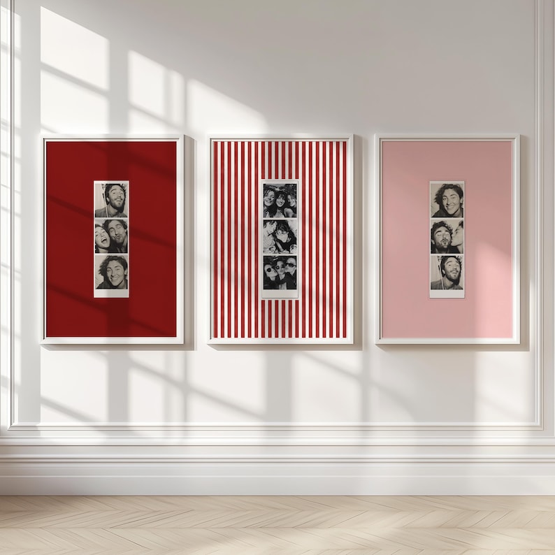 A set of 3 custom Photo Booth print in a red, pink and striped red and white color.