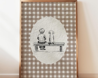 Lámina artística de acuarela de niño y perro salchicha, decoración marrón para habitación infantil, lámina de boceto de perro con estética vintage y estampado a cuadros Grandmillennial, descarga digital.