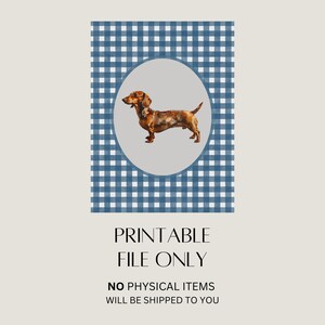 A vintage asethetic digital download art print. Blue watercolor gingham pattern painted on handmade textured paper with an oil painting of a dachshund dog in the center.  Cute trendy nursery decor or dog lover art