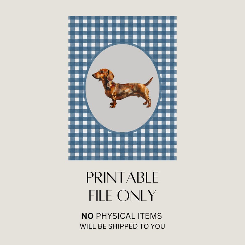 A vintage asethetic digital download art print. Blue watercolor gingham pattern painted on handmade textured paper with an oil painting of a dachshund dog in the center.  Cute trendy nursery decor or dog lover art