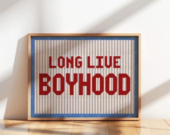 Blue and Red Long Live Boyhood Modern Quilt Digital Print, Boho Wall Hanging Striped Art, Boho Toddler Boys Kids Room, Quote Kids Wall Art