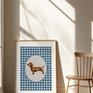 A vintage asethetic digital download art print. Blue watercolor gingham pattern painted on handmade textured paper with an oil painting of a dachshund dog in the center.  Cute trendy nursery decor or dog lover art