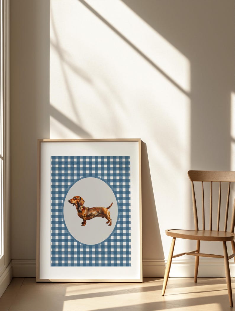 A vintage asethetic digital download art print. Blue watercolor gingham pattern painted on handmade textured paper with an oil painting of a dachshund dog in the center.  Cute trendy nursery decor or dog lover art