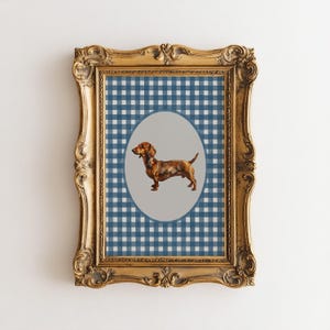 A vintage asethetic digital download art print. Blue watercolor gingham pattern painted on handmade textured paper with an oil painting of a dachshund dog in the center.  Cute trendy nursery decor or dog lover art