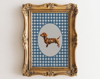 Watercolor Dachshund Blue Gingham Digital Print, Blue Nursery Decor, Grandmillenial Decor, Vintage Dog Sketch Art, Gingham Coquette Print
