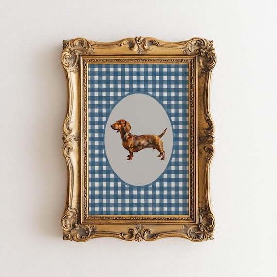 Watercolor Dachshund Blue Gingham Digital Print, Blue Nursery Decor, Grandmillenial Decor, Vintage Dog Sketch Art, Gingham Coquette Print
