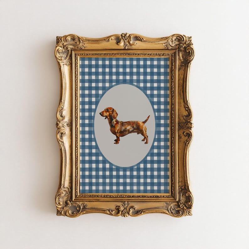 A vintage asethetic digital download art print. Blue watercolor gingham pattern painted on handmade textured paper with an oil painting of a dachshund dog in the center.  Cute trendy nursery decor or dog lover art