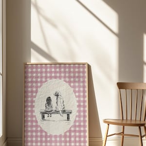 a cute vintage style print of a little girl sitting beside a golden retriever dog on a bench.  Hand drawn dog sketch on a textured paper with a pink gingham watercolor background.  Retro style. Cute and trendy girl nursery wall decor