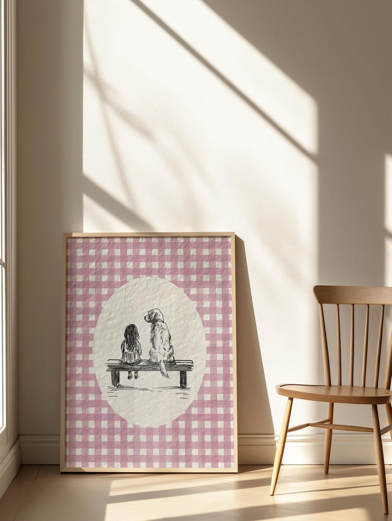 a cute vintage style print of a little girl sitting beside a golden retriever dog on a bench.  Hand drawn dog sketch on a textured paper with a pink gingham watercolor background.  Retro style. Cute and trendy girl nursery wall decor