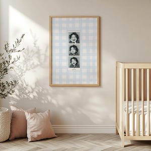 A customizable Photo Booth template, a Photo Booth strip on a blue watercolor gingham background hanging in a boys nursery or kids room.