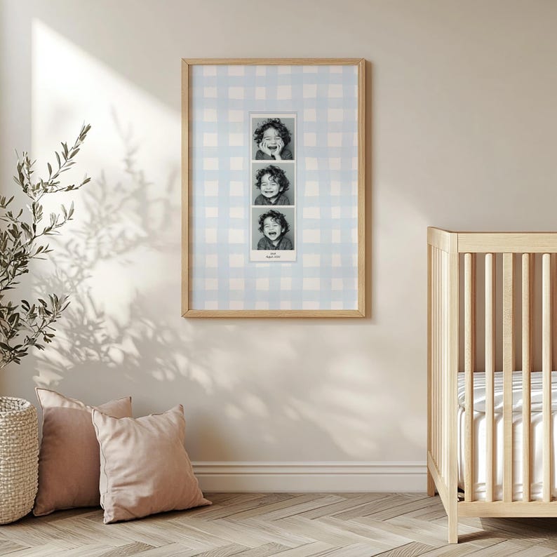 A customizable Photo Booth template, a Photo Booth strip on a blue watercolor gingham background hanging in a boys nursery or kids room.