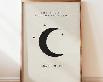 Lámina personalizada con fases lunares para el nacimiento, póster "La noche en que naciste", arte de pared personalizado con el nombre del bebé para la habitación infantil, decoración minimalista de la luna para la habitación infantil, digital.