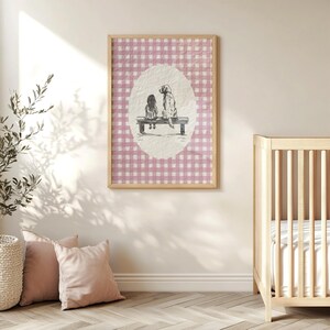 a cute vintage style print of a little girl sitting beside a golden retriever dog on a bench.  Hand drawn dog sketch on a textured paper with a pink gingham watercolor background.  Retro style. Cute and trendy girl nursery wall decor