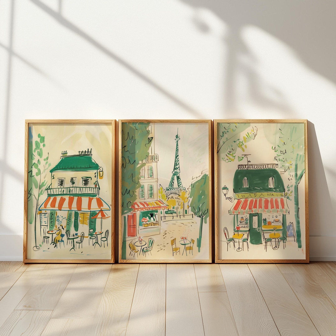 Bemelmans Paris Cafe Inspired Digital Print, Grandmillenial Paris Wall Art, Wall Art Set of 3, Neutral Nursery Paris Wallpaper Alternative