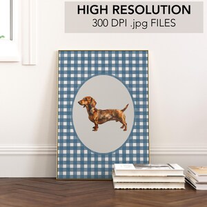 A vintage asethetic digital download art print. Blue watercolor gingham pattern painted on handmade textured paper with an oil painting of a dachshund dog in the center.  Cute trendy nursery decor or dog lover art