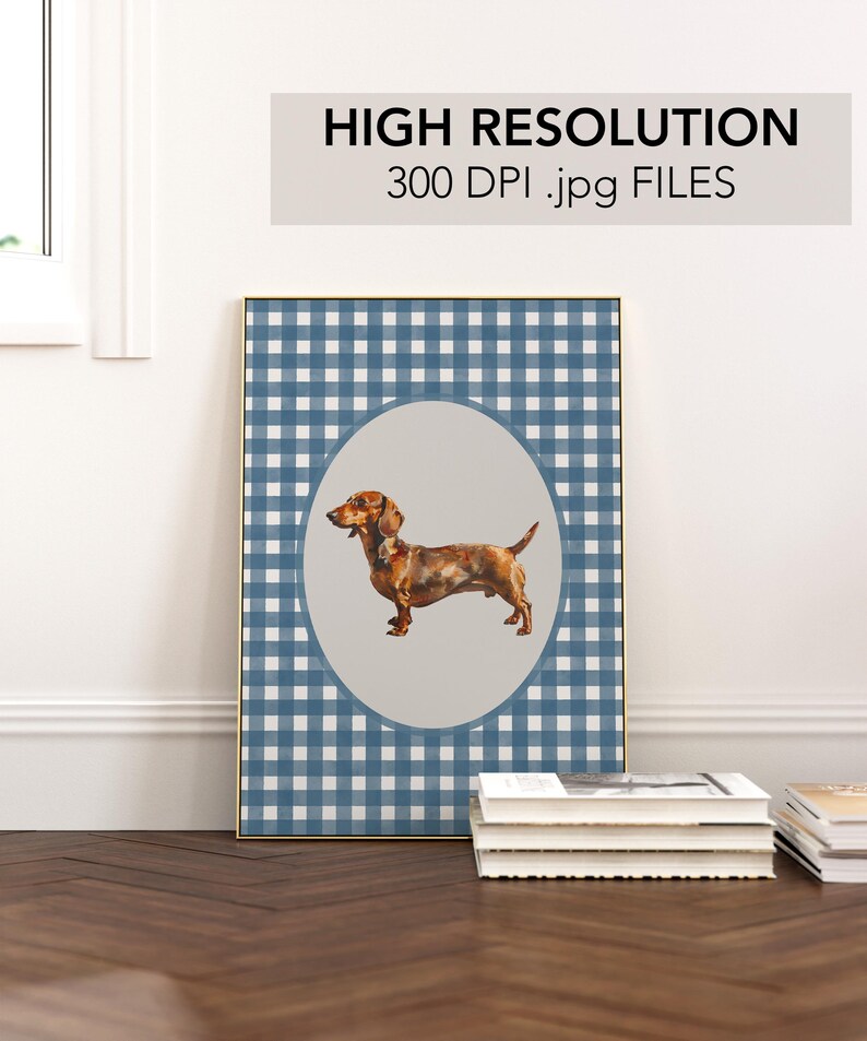 A vintage asethetic digital download art print. Blue watercolor gingham pattern painted on handmade textured paper with an oil painting of a dachshund dog in the center.  Cute trendy nursery decor or dog lover art
