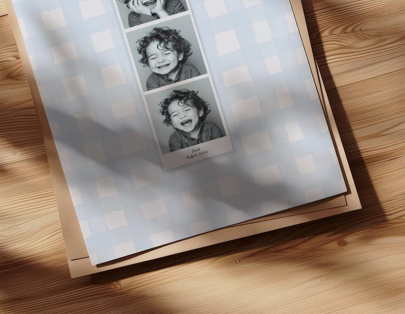 A customizable Photo Booth template, a Photo Booth strip on a blue watercolor gingham background hanging in a boys nursery or kids room.