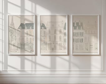 Grandmillenial Parisian Street Scene | Wall Art Set of 3 | Nursery Paris Wallpaper Alternative | Parisian Wall Art | Neutral Nursery Art |