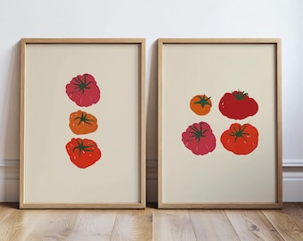 Juego de 2 impresiones de tomates tradicionales para pared de cocina, diseño mediterráneo, arte culinario retro, cocina ecléctica, impresión de vegetales, descarga digital