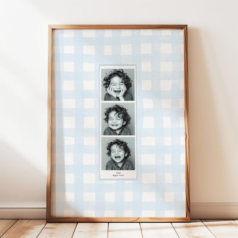 A customizable Photo Booth template, a Photo Booth strip on a blue watercolor gingham background hanging in a boys nursery or kids room.