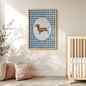 A vintage asethetic digital download art print. Blue watercolor gingham pattern painted on handmade textured paper with an oil painting of a dachshund dog in the center.  Cute trendy nursery decor or dog lover art