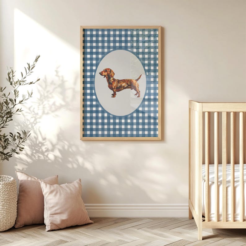 A vintage asethetic digital download art print. Blue watercolor gingham pattern painted on handmade textured paper with an oil painting of a dachshund dog in the center.  Cute trendy nursery decor or dog lover art
