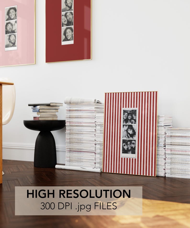 A set of 3 custom Photo Booth print in a red, pink and striped red and white color.