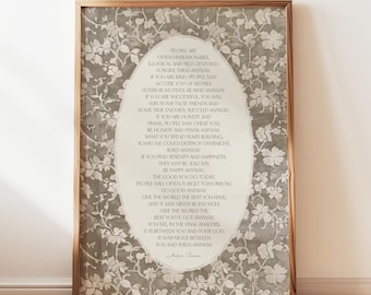 Mother Teresa Anyway Poem Digital Print, Poetry Prints, Literary Art, Catholic, Christian Decor, Motivational, Neutral Inspirational Quote,