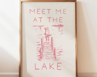 Meet Me At The Lake Digital Print, Summer Golden Retriever Print, Dog Sketch Print, Coastal Grandma, Beach Cottage Decor, Beachy Wall Art