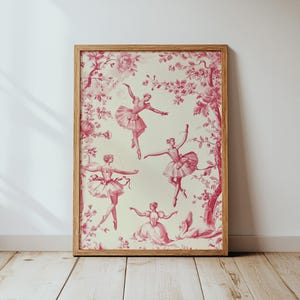 Arte de pared con estampado de ballet chinoiserie para habitación de niñas / Toile de Jouy simple / Impresión digital vintage en rosa / Decoración del hogar con ballet / Decoración de habitación de niños