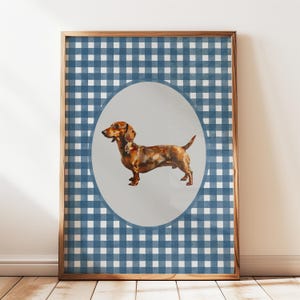 A vintage asethetic digital download art print. Blue watercolor gingham pattern painted on handmade textured paper with an oil painting of a dachshund dog in the center.  Cute trendy nursery decor or dog lover art