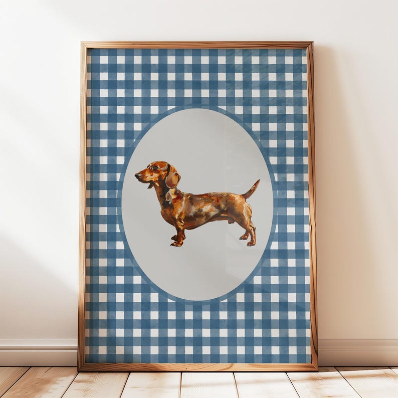 A vintage asethetic digital download art print. Blue watercolor gingham pattern painted on handmade textured paper with an oil painting of a dachshund dog in the center.  Cute trendy nursery decor or dog lover art
