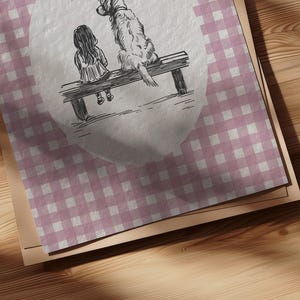 a cute vintage style print of a little girl sitting beside a golden retriever dog on a bench.  Hand drawn dog sketch on a textured paper with a pink gingham watercolor background.  Retro style. Cute and trendy girl nursery wall decor