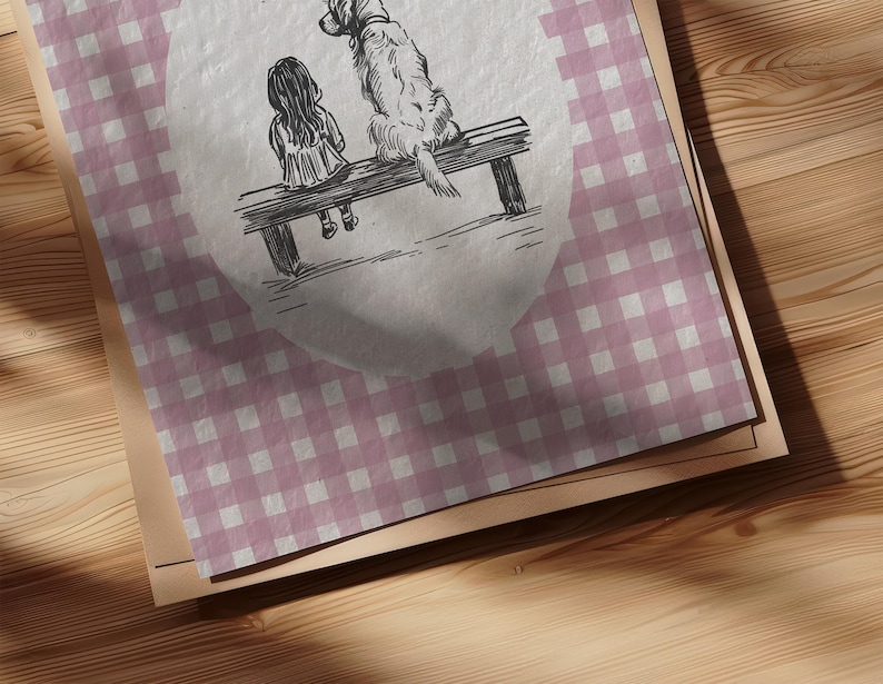 a cute vintage style print of a little girl sitting beside a golden retriever dog on a bench.  Hand drawn dog sketch on a textured paper with a pink gingham watercolor background.  Retro style. Cute and trendy girl nursery wall decor