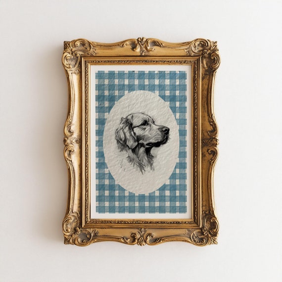 Watercolor Golden Retriever Art Print, Blue Nursery Decor, Vintage Aesthetic Dog Sketch Art, Gingham Coquette Print Digital Download
