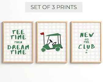 Juego de 3 láminas decorativas para habitación infantil con temática de golf, decoración infantil con estampado de cuadros vichy en acuarela verde, decoración para habitación de bebé niño con temática deportiva, láminas infantiles con temática de golf, imprimibles.