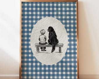 Lámina de perro de montaña bernés y niño, decoración infantil en acuarela azul, lámina de boceto de perro con estética vintage y estampado de cuadros vichy, descarga digital.