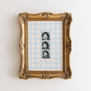 A customizable Photo Booth template, a Photo Booth strip on a blue watercolor gingham background hanging in a boys nursery or kids room.