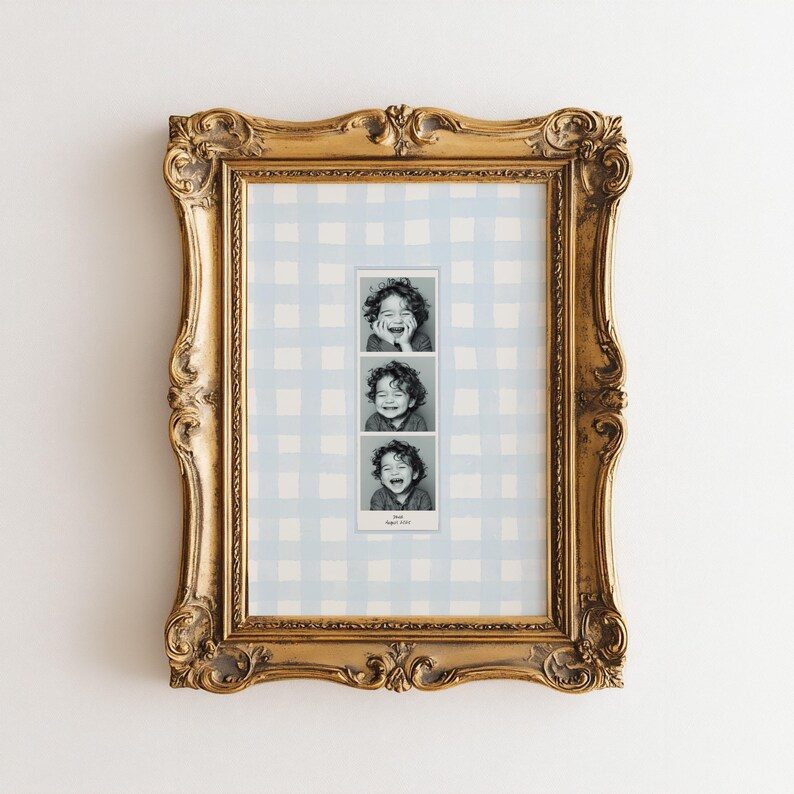 A customizable Photo Booth template, a Photo Booth strip on a blue watercolor gingham background hanging in a boys nursery or kids room.