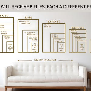 May include: Image showing five different aspect ratios for prints, including 2:3, A1-A4, 4:5, 3:4, and 11x14. Each ratio is displayed with its dimensions in inches and centimeters. A white sofa, 99 inches (251.5 cm) wide, is below the ratios.