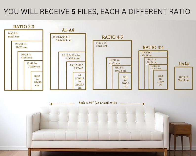 May include: Image showing five different aspect ratios for prints, including 2:3, A1-A4, 4:5, 3:4, and 11x14. Each ratio is displayed with its dimensions in inches and centimeters. A white sofa, 99 inches (251.5 cm) wide, is below the ratios.