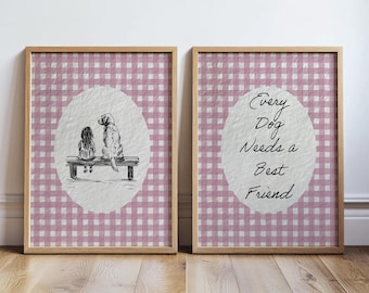 Cada perro necesita un mejor amigo. Juego de láminas: Niña y Golden Retriever. Decoración infantil a cuadros rosas. Boceto de perro vintage. Descarga digital.