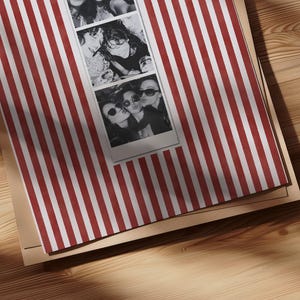 A set of 3 custom Photo Booth print in a red, pink and striped red and white color.