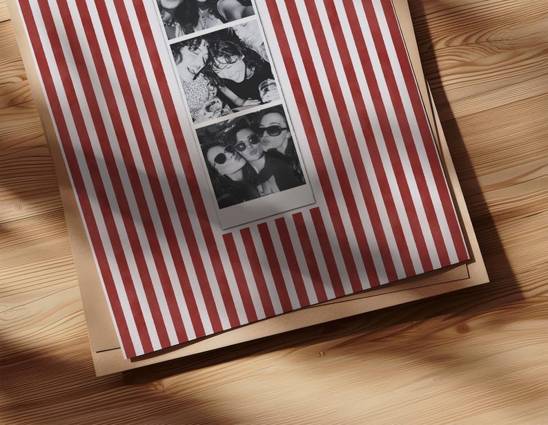 A set of 3 custom Photo Booth print in a red, pink and striped red and white color.