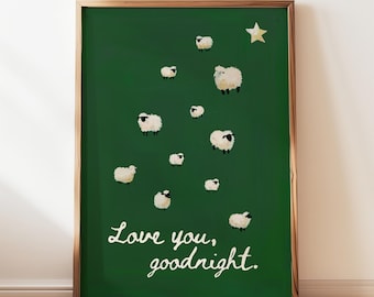 Impresión digital "Noche de amor" para habitación infantil, arte infantil contando ovejas, arte mural de bosque verde para habitación infantil, decoración neutra para habitación de bebé, impresión para dormir para bebé