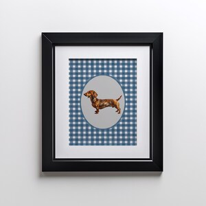 A vintage asethetic digital download art print. Blue watercolor gingham pattern painted on handmade textured paper with an oil painting of a dachshund dog in the center.  Cute trendy nursery decor or dog lover art