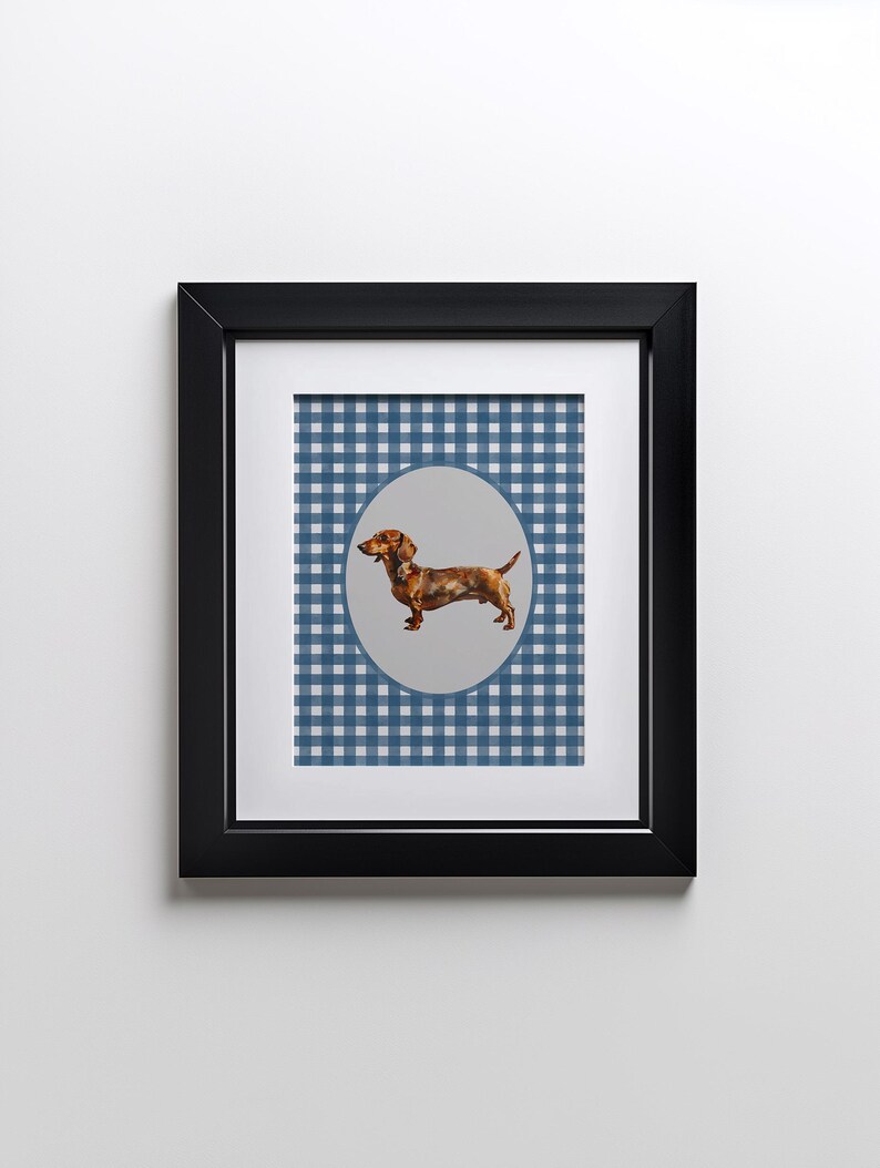 A vintage asethetic digital download art print. Blue watercolor gingham pattern painted on handmade textured paper with an oil painting of a dachshund dog in the center.  Cute trendy nursery decor or dog lover art