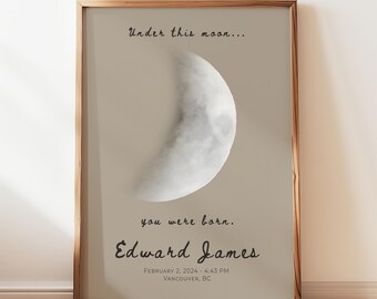Impresión "Bajo esta luna naciste", póster personalizado de las fases lunares, impresión personalizada de la luna de nacimiento, decoración celestial para habitación infantil, regalo de recuerdo para bebé